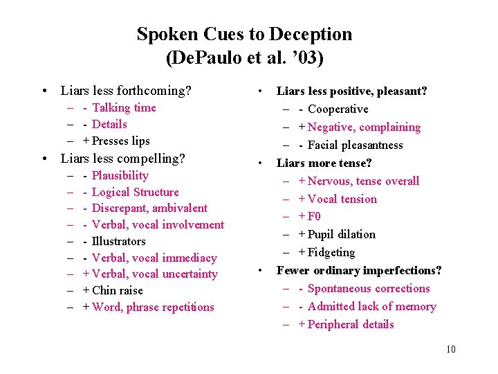 Spoken Cues to Deception (De. Paulo et al. ’ 03) • Liars less forthcoming?