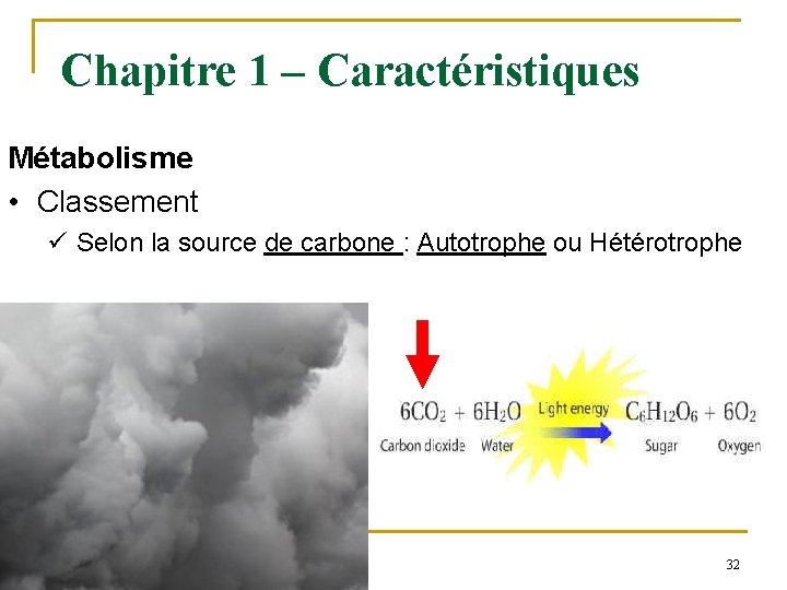 Chapitre 1 – Caractéristiques Métabolisme • Classement ü Selon la source de carbone :