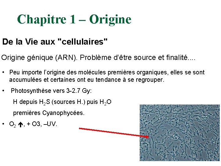 Chapitre 1 – Origine De la Vie aux "cellulaires" Origine génique (ARN). Problème d’être