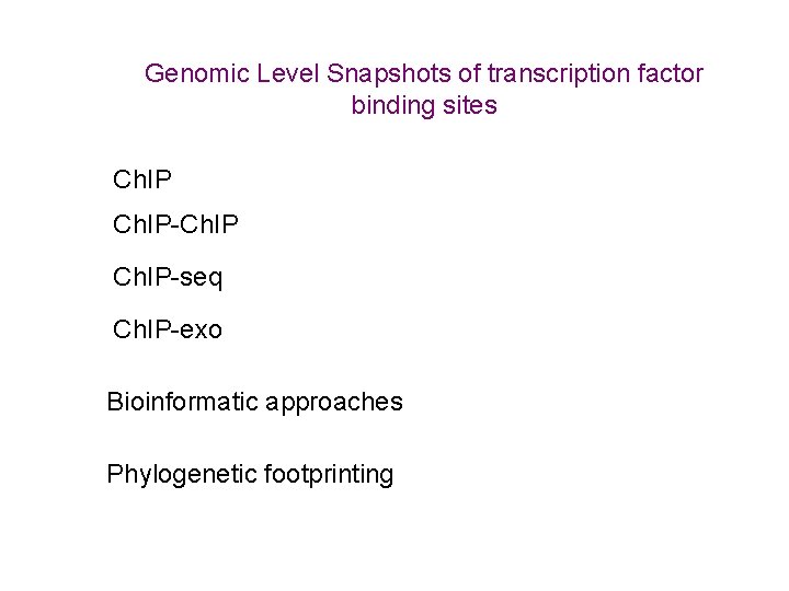 Genomic Level Snapshots of transcription factor binding sites Ch. IP-Ch. IP-seq Ch. IP-exo Bioinformatic
