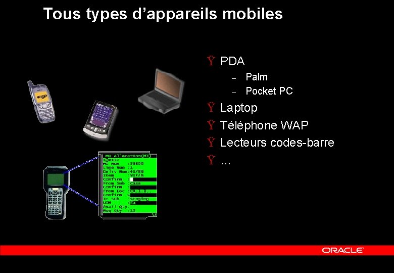 Tous types d’appareils mobiles Ÿ PDA – – Ÿ Ÿ Palm Pocket PC Laptop