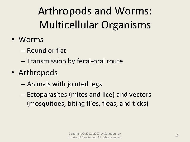 Arthropods and Worms: Multicellular Organisms • Worms – Round or flat – Transmission by