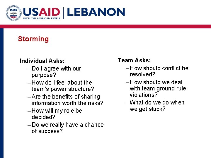 Storming Individual Asks: – Do I agree with our purpose? – How do I