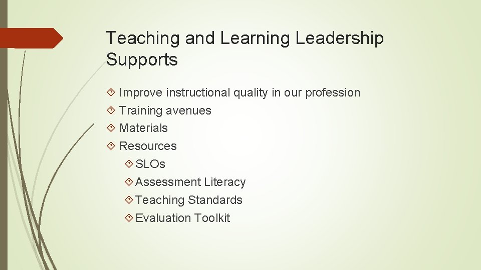 Teaching and Learning Leadership Supports Improve instructional quality in our profession Training avenues Materials