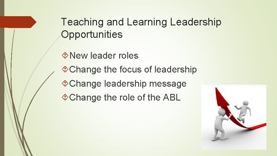 Teaching and Learning Leadership Opportunities New leader roles Change the focus of leadership Change