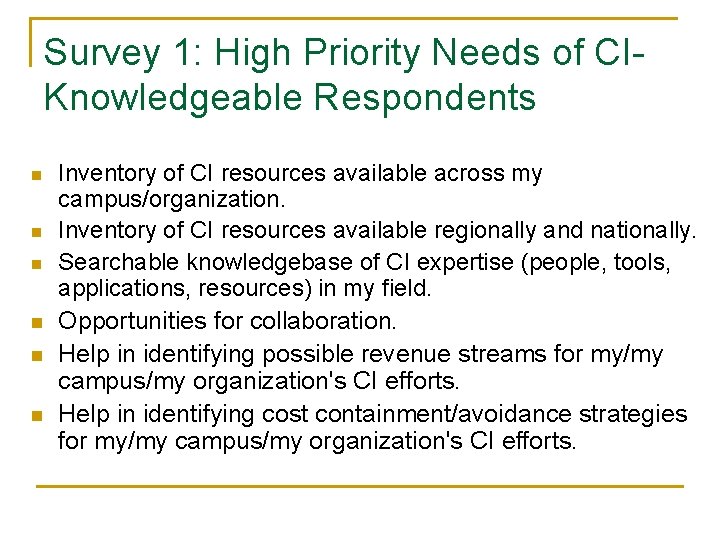 Survey 1: High Priority Needs of CIKnowledgeable Respondents n n n Inventory of CI