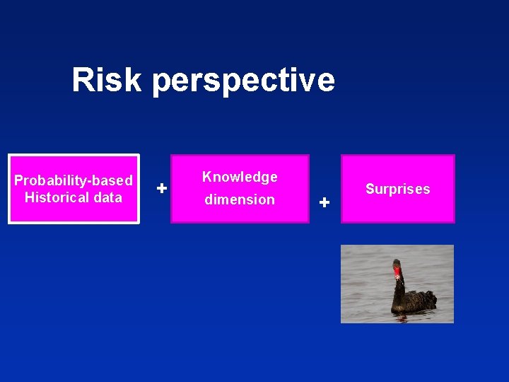 Risk perspective Probability-based Historical data + Knowledge dimension + Surprises 
