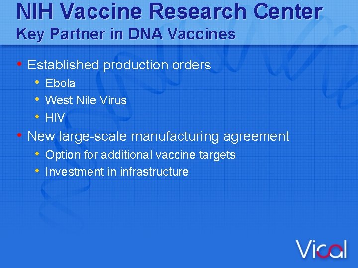 NIH Vaccine Research Center Key Partner in DNA Vaccines • Established production orders •