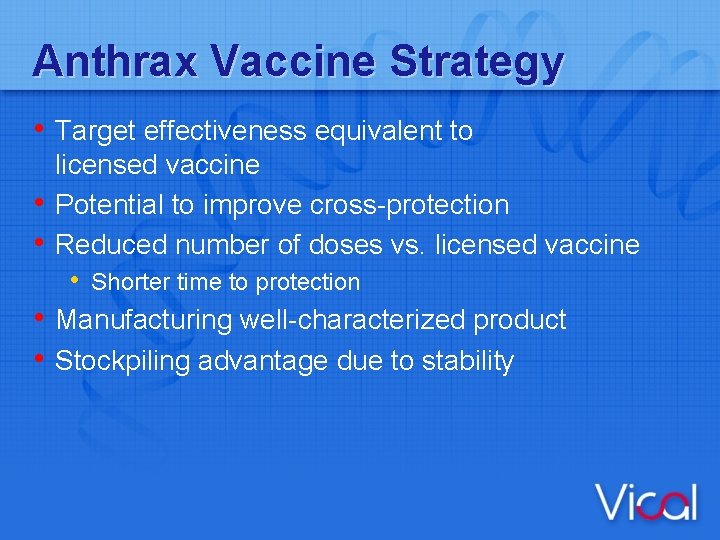 Anthrax Vaccine Strategy • Target effectiveness equivalent to • • licensed vaccine Potential to