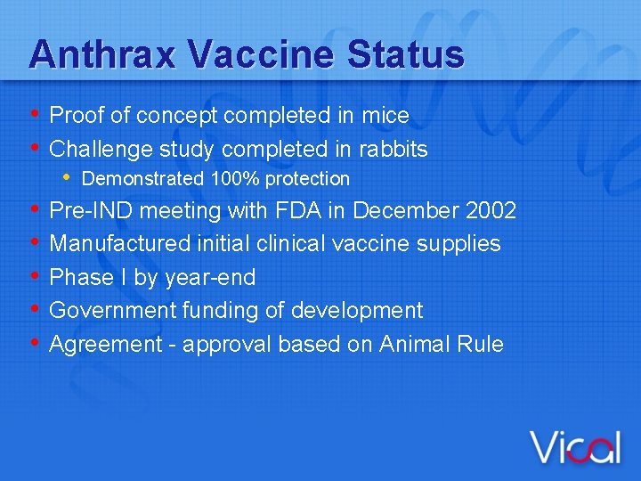 Anthrax Vaccine Status • Proof of concept completed in mice • Challenge study completed