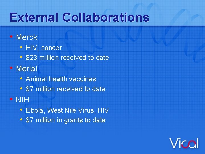 External Collaborations • Merck • HIV, cancer • $23 million received to date •