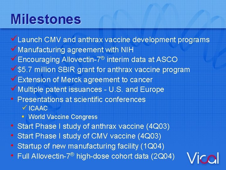 Milestones üLaunch CMV and anthrax vaccine development programs üManufacturing agreement with NIH üEncouraging Allovectin-7®