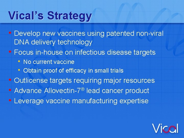 Vical’s Strategy • Develop new vaccines using patented non-viral • • DNA delivery technology