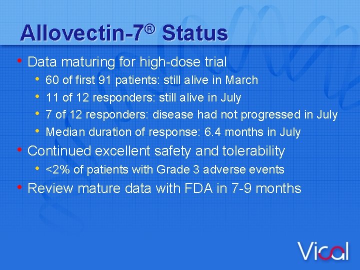 ® Allovectin-7 Status • Data maturing for high-dose trial • 60 of first 91