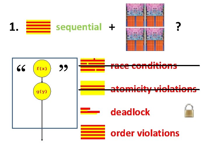 1. “ f(x) g(y) sequential + ? ” race conditions atomicity violations deadlock order