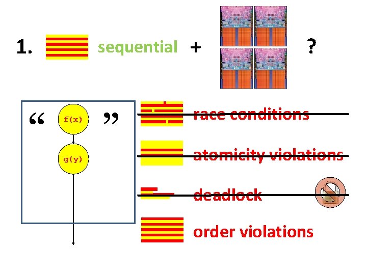 1. “ f(x) g(y) sequential + ? ” race conditions atomicity violations deadlock order