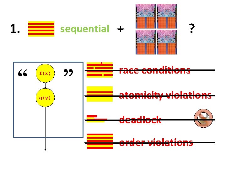 1. “ f(x) g(y) sequential + ? ” race conditions atomicity violations deadlock order