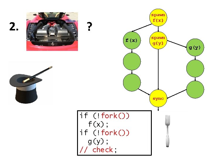 2. spawn f(x) ? f(x) spawn g(y) sync if (!fork()) f(x); if (!fork()) g(y);