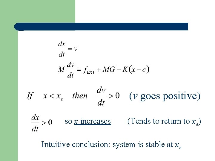 (v goes positive) so x increases (Tends to return to xe) Intuitive conclusion: system