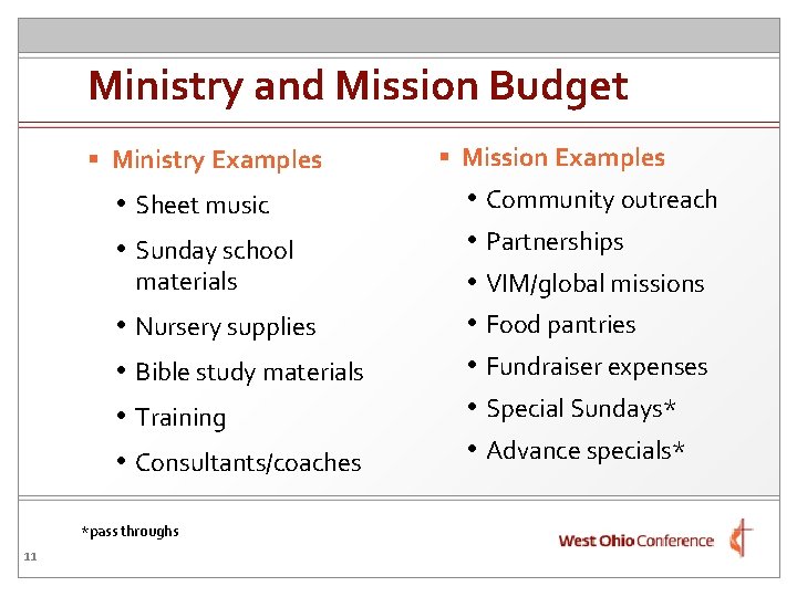 Ministry and Mission Budget § Ministry Examples • Sheet music • Sunday school materials