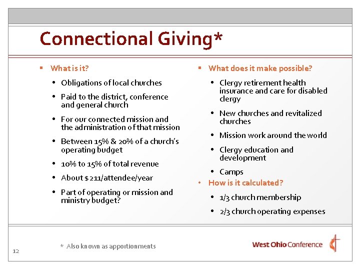 Connectional Giving* § What is it? • Obligations of local churches • Paid to