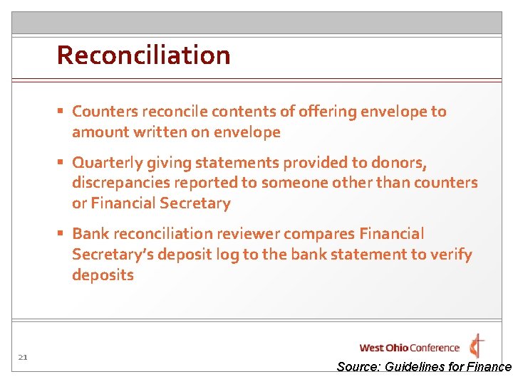 Reconciliation § Counters reconcile contents of offering envelope to amount written on envelope §