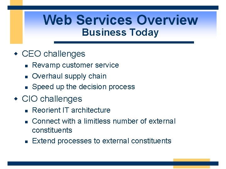 Web Services Overview Business Today w CEO challenges n n n Revamp customer service