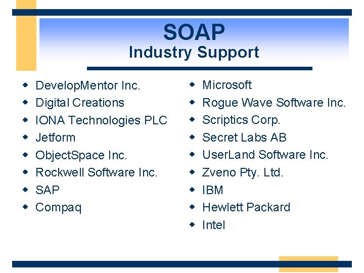 SOAP Industry Support w w w w Develop. Mentor Inc. Digital Creations IONA Technologies