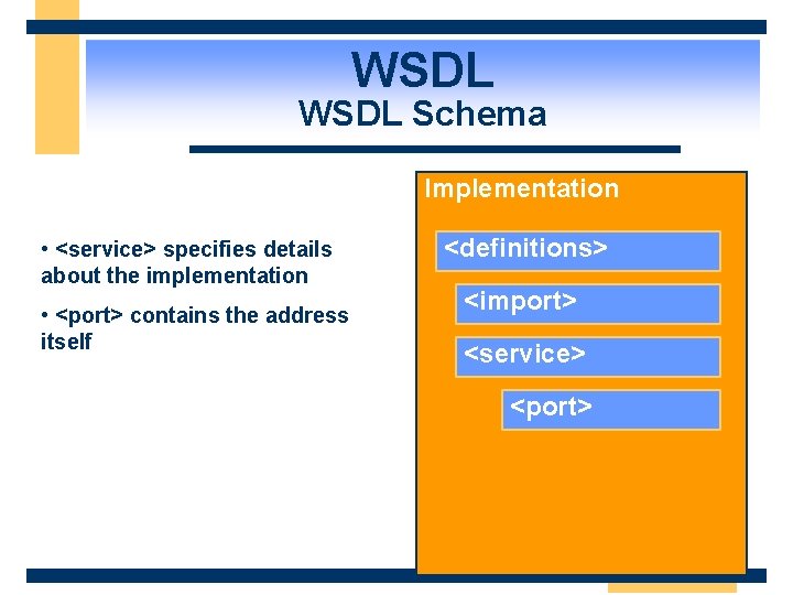 WSDL Schema Implementation • <service> specifies details about the implementation • <port> contains the