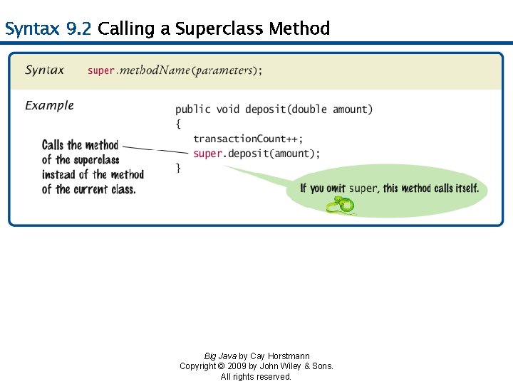 Syntax 9. 2 Calling a Superclass Method Big Java by Cay Horstmann Copyright ©