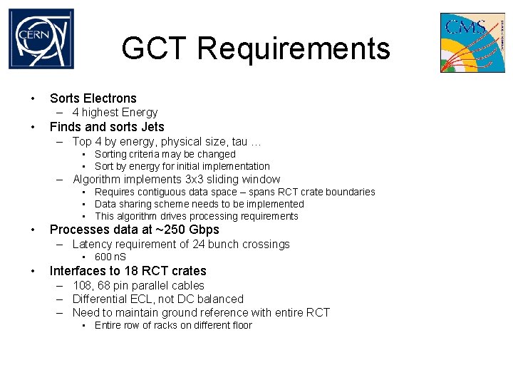 GCT Requirements • Sorts Electrons – 4 highest Energy • Finds and sorts Jets