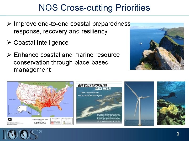 NOS Cross-cutting Priorities Improve end-to-end coastal preparedness, response, recovery and resiliency Coastal Intelligence Enhance