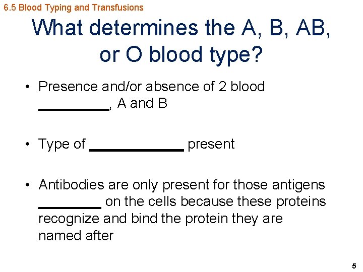 6. 5 Blood Typing and Transfusions What determines the A, B, AB, or O