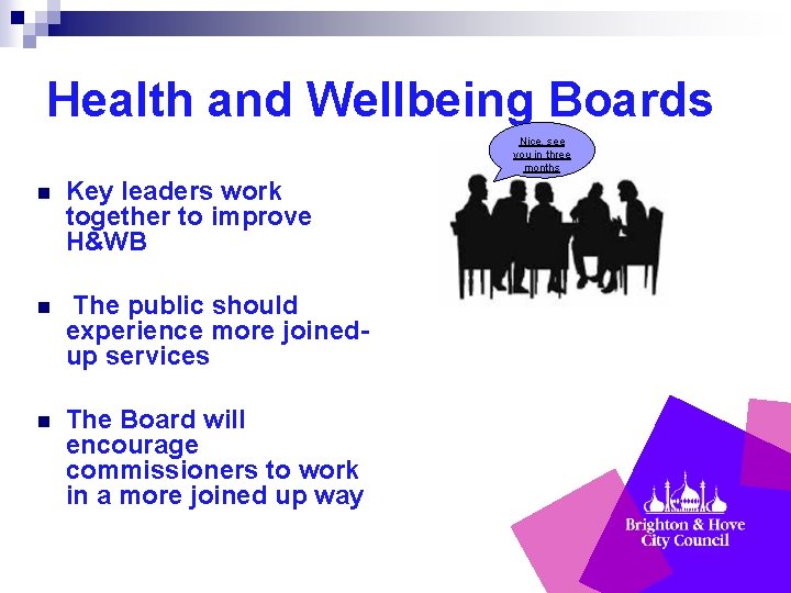 Health and Wellbeing Boards Nice, see you in three months n Key leaders work