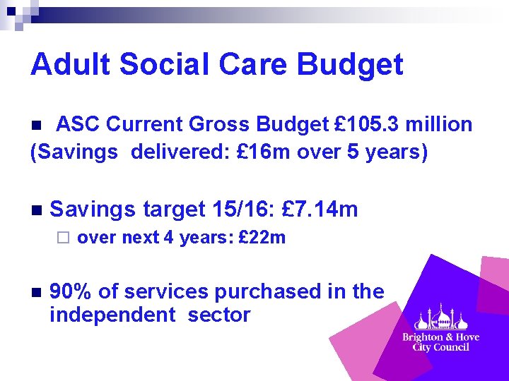 Adult Social Care Budget ASC Current Gross Budget £ 105. 3 million (Savings delivered: