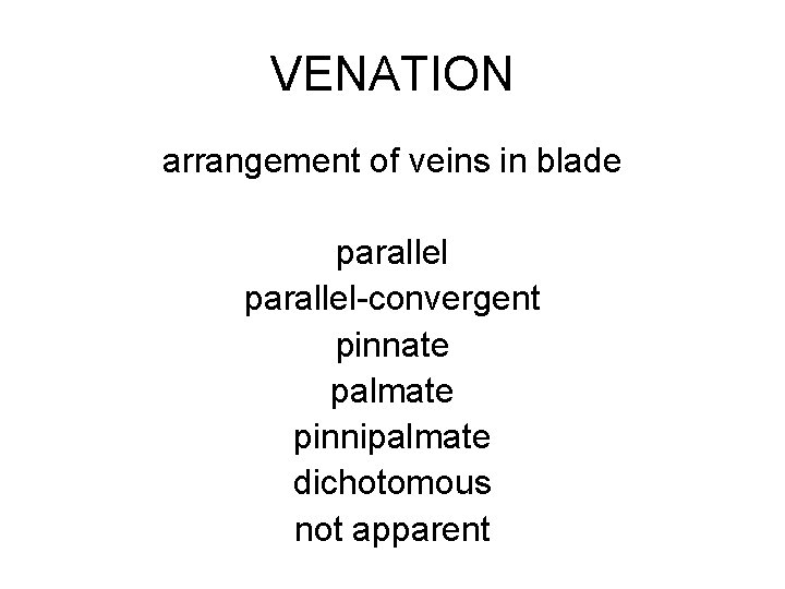 VENATION arrangement of veins in blade parallel-convergent pinnate palmate pinnipalmate dichotomous not apparent 