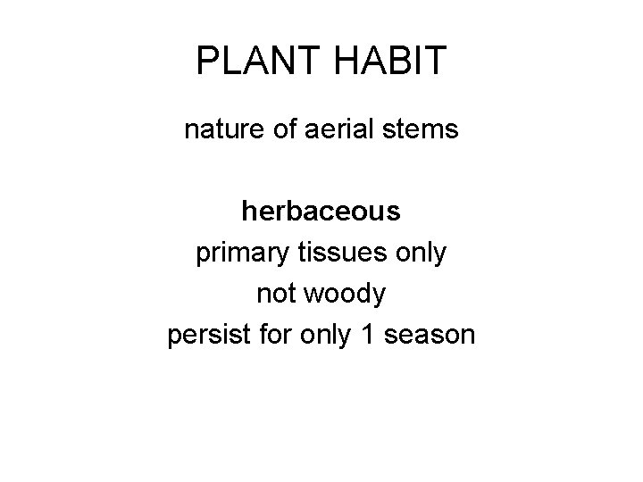 PLANT HABIT nature of aerial stems herbaceous primary tissues only not woody persist for