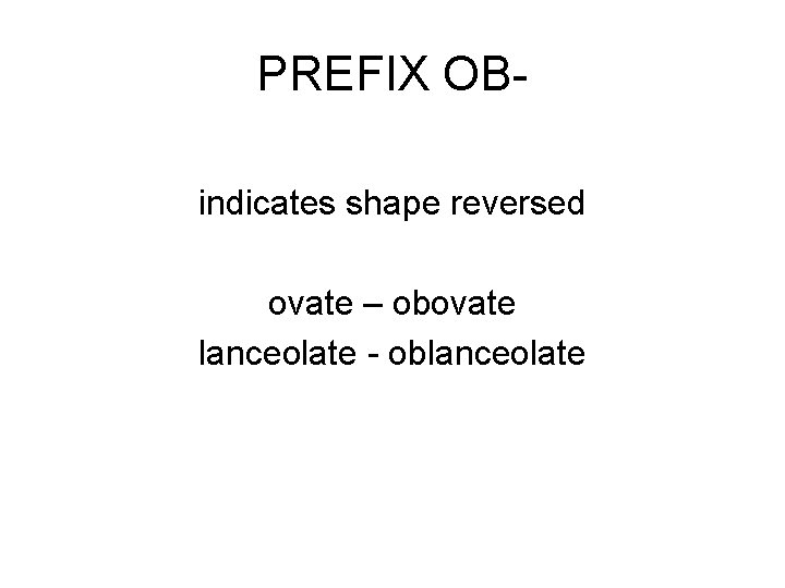 PREFIX OBindicates shape reversed ovate – obovate lanceolate - oblanceolate 