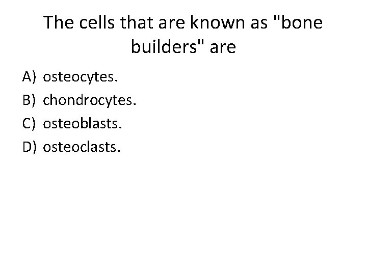 The cells that are known as "bone builders" are A) B) C) D) osteocytes.