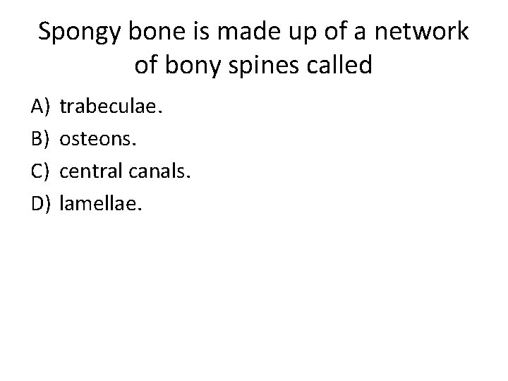 Spongy bone is made up of a network of bony spines called A) B)