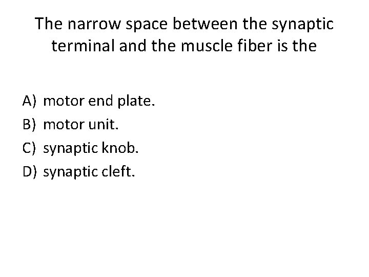 The narrow space between the synaptic terminal and the muscle fiber is the A)