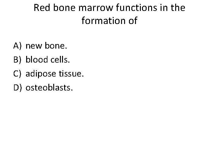 Red bone marrow functions in the formation of A) B) C) D) new bone.