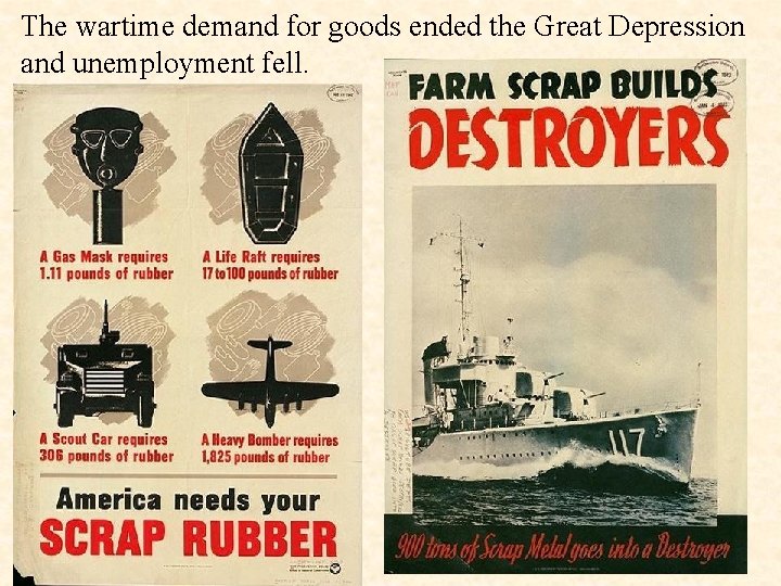 The wartime demand for goods ended the Great Depression and unemployment fell. 