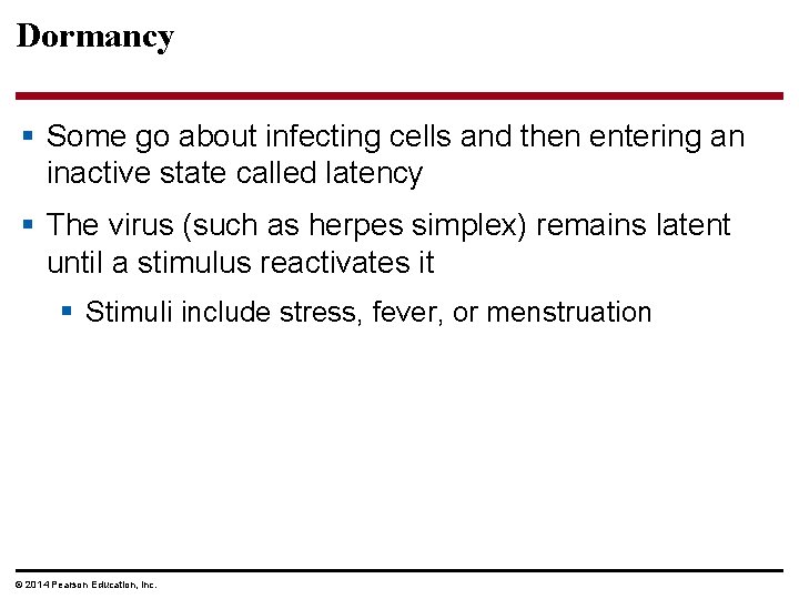 Dormancy § Some go about infecting cells and then entering an inactive state called