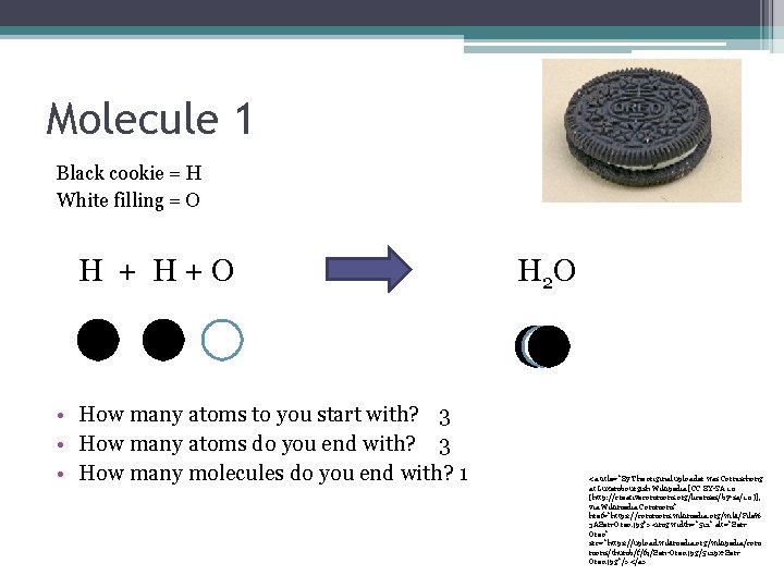 Molecule 1 Black cookie = H White filling = O H + O •