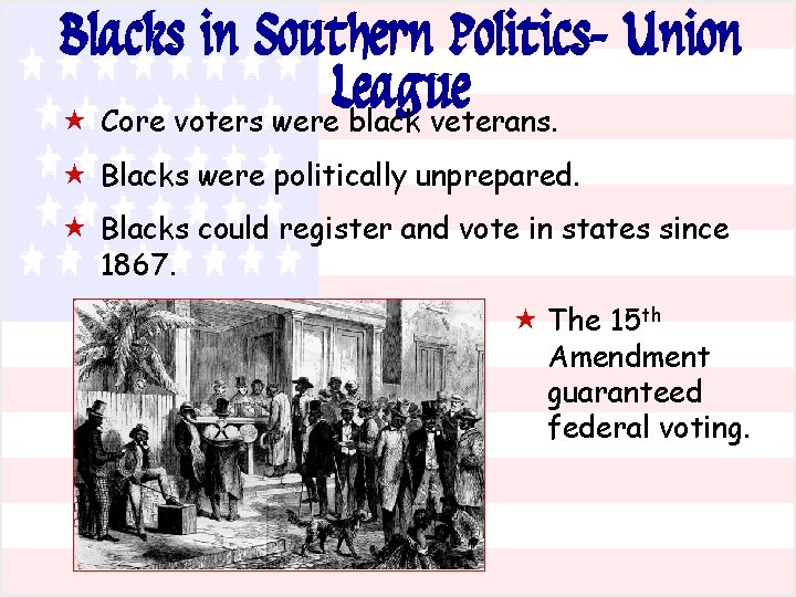 Blacks in Southern Politics- Union League « Core voters were black veterans. « Blacks