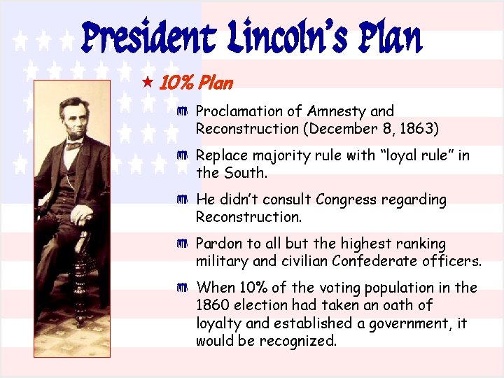 President Lincoln’s Plan « 10% Plan * Proclamation of Amnesty and Reconstruction (December 8,