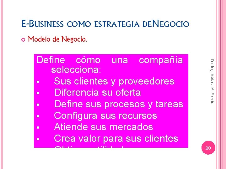 E-BUSINESS COMO ESTRATEGIA DE NEGOCIO Modelo de Negocio. Por Ing. Adriana M. Ferreira Define