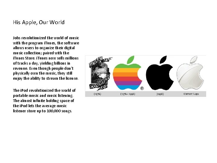 His Apple, Our World Jobs revolutionized the world of music with the program i.