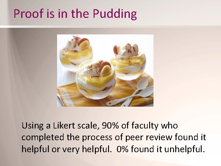 Proof is in the Pudding Using a Likert scale, 90% of faculty who completed